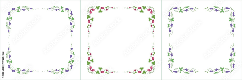 Set of green three vegetal vector frames with purple and pink grape vine. Vector frame for all sizes and formats. Isolated vector illustration.
Set of green three vegetal vector frames with purple and pink grape vine. Vector frame for all sizes and formats. Isolated vector illustration.