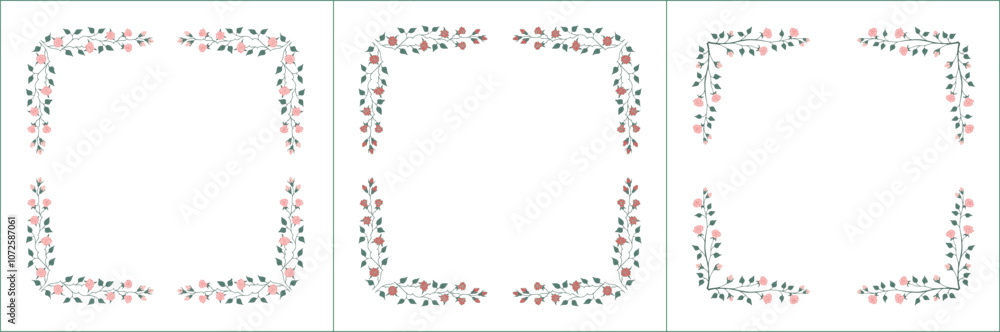 Set of three elegant green vegetal ornamental frame with roses, decorative border, corners for greeting cards, banners, business cards, invitations, menus. Isolated vector illustration
Set of three elegant green vegetal ornamental frame with roses, decorative border, corners for greeting cards, banners, business cards, invitations, menus. Isolated vector illustration