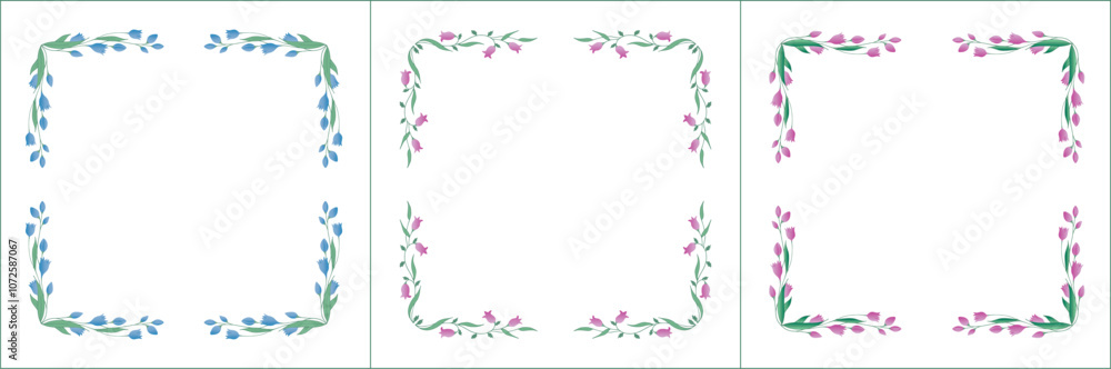 Set of three elegant green vegetal ornamental frame with pink and blue flowers, decorative border, corners. Isolated vector illustration
Set of three elegant green vegetal ornamental frame with pink and blue flowers, decorative border, corners. Isolated vector illustration