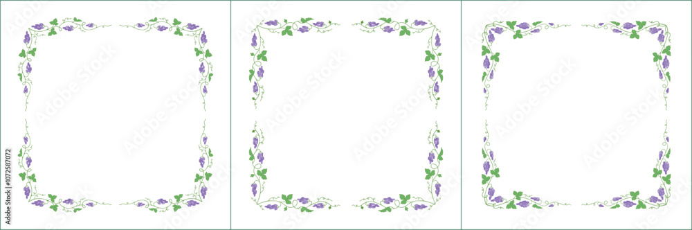 Set of green three vegetal vector frames with purple grape vine. Vector frame for all sizes and formats. Isolated vector illustration.
Set of green three vegetal vector frames with purple grape vine. Vector frame for all sizes and formats. Isolated vector illustration.
