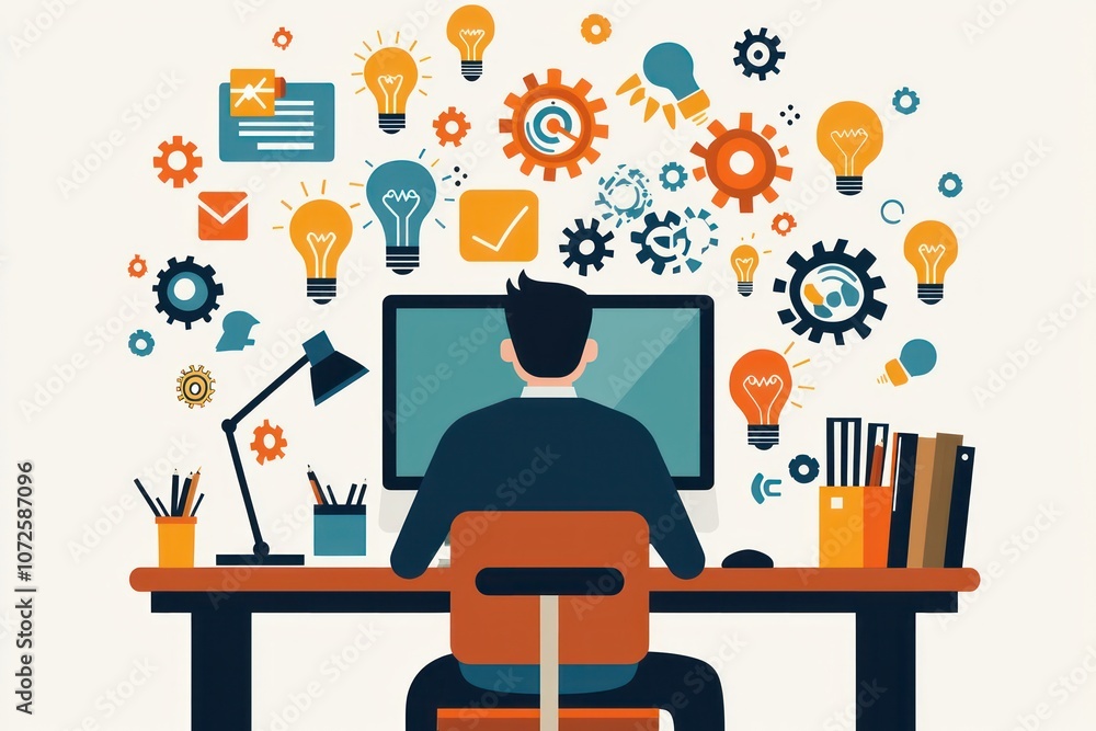 Businessman at Desk with Creative Icons - A flat design of a businessman at a computer with floating icons like light bulbs and gears. Businessman at Desk with Creative Icons - A flat design of a businessman at a computer with floating icons like light bulbs and gears.