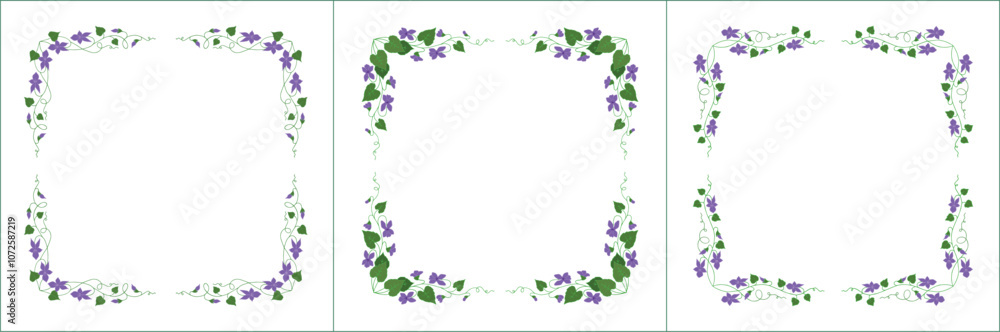 Set of three vegetal vector frames with violet flowers and leaves. Green frame with purple flowers. Vector frame for all sizes and formats. Isolated vector illustration.
Set of three vegetal vector frames with violet flowers and leaves. Green frame with purple flowers. Vector frame for all sizes and formats. Isolated vector illustration.