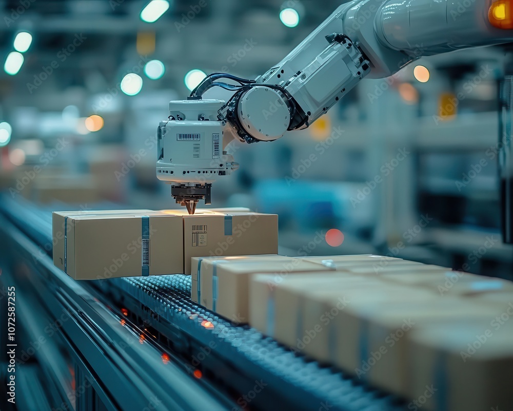 A closeup of an automated robotic arm sorting packages on a conveyor belt, Robotics, Advanced and efficient A closeup of an automated robotic arm sorting packages on a conveyor belt, Robotics, Advanced and efficient