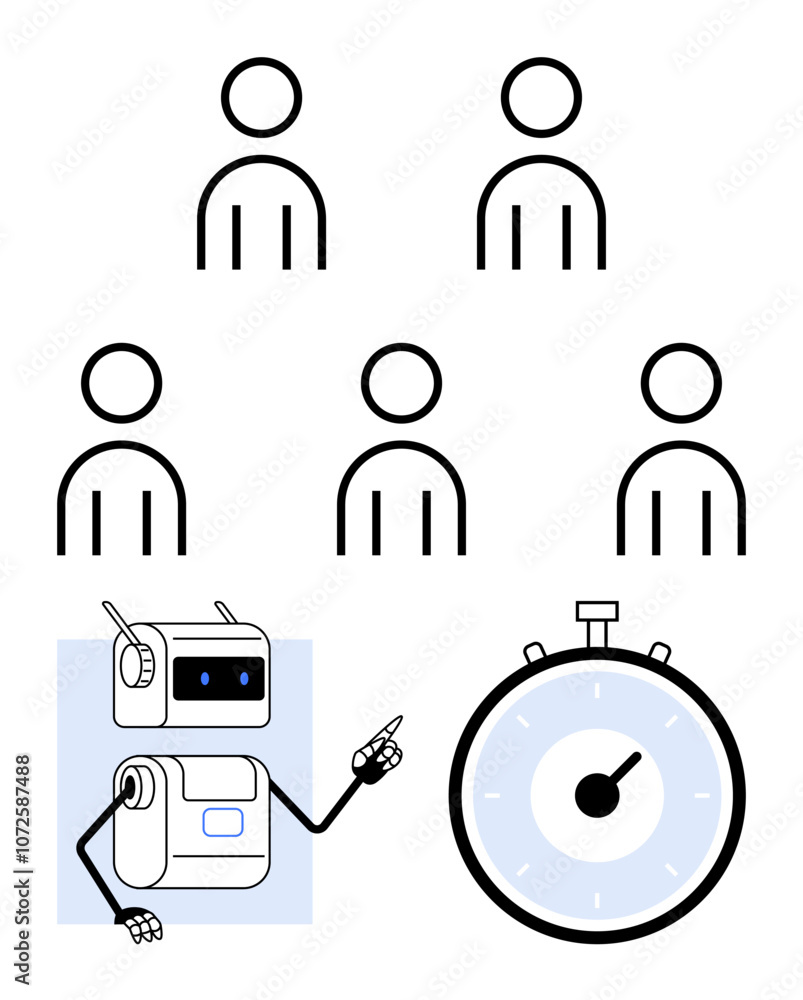 Robot points at stopwatch with six human figures in two rows of three. Ideal for time management, teamwork, productivity, efficiency, organization, planning, automation. Line metaphor Robot points at stopwatch with six human figures in two rows of three. Ideal for time management, teamwork, productivity, efficiency, organization, planning, automation. Line metaphor