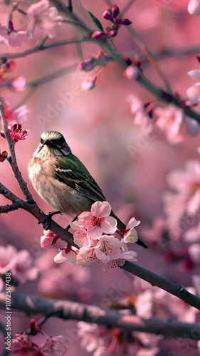 Sparrow perched on cherry blossom branch in spring, nature and tranquility concept