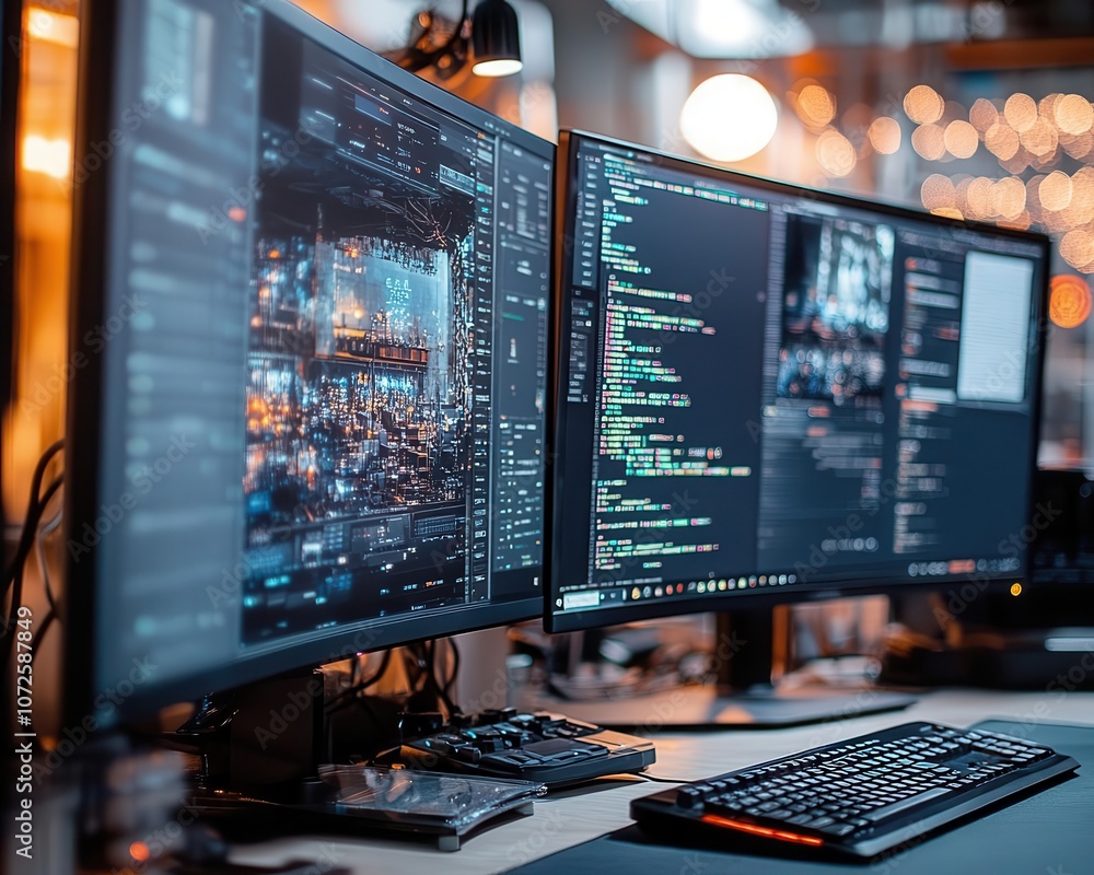 Fototapeta premium A closeup of multitasking tools like dualscreen setups at packing stations, Productivity, Efficient and hightech