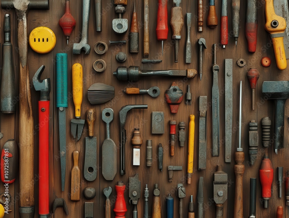 A closeup of mechanical tools used for warehouse maintenance, Tools, Detailed and organized A closeup of mechanical tools used for warehouse maintenance, Tools, Detailed and organized