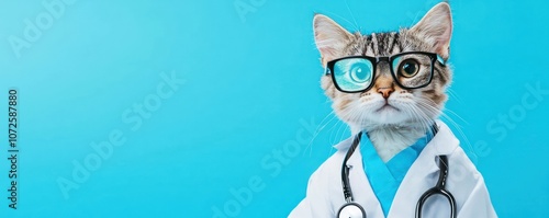 Cat Doctor with Stethoscope - A cute cat dressed as a doctor with a stethoscope on a blue background.