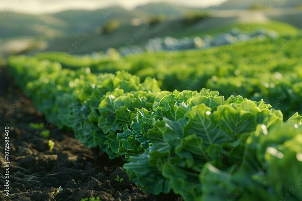 Cultivated field of lettuce growing in rows along the contour line skyscape. Neural network ai generated art Cultivated field of lettuce growing in rows along the contour line skyscape. Neural network ai generated art