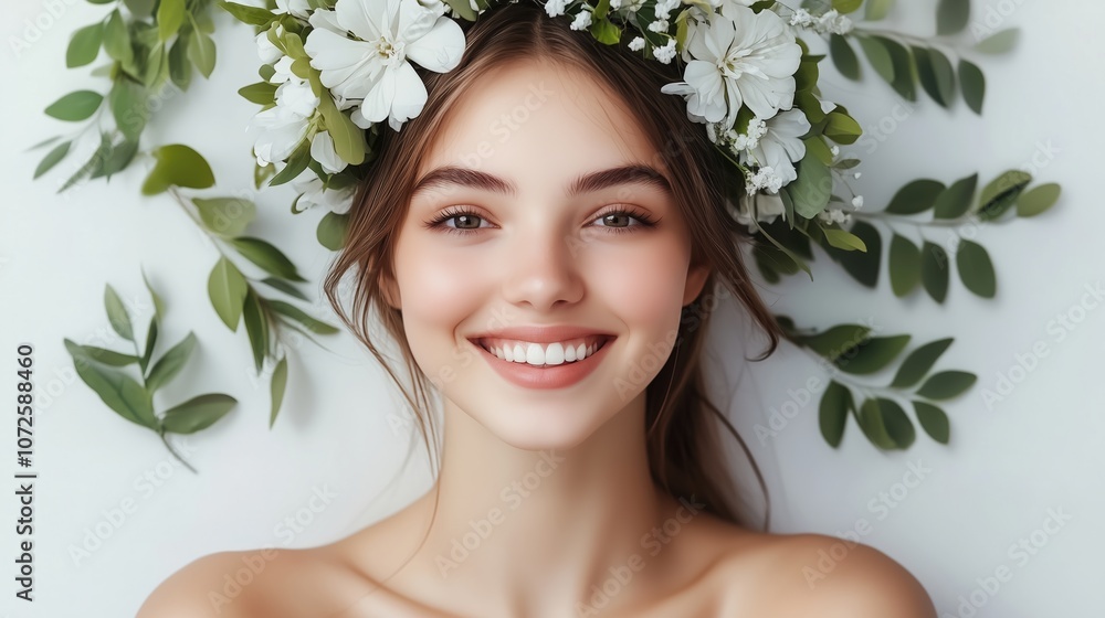 Smiling woman with floral crown, close-up portrait on white background Smiling woman with floral crown, close-up portrait on white background