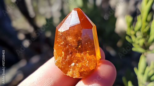 Rare Orange Clinohumite Gemstone Illuminated in Natural Daylight – Vibrant and Unique Gem Showcasing Exceptional Clarity and Radiant Beauty photo