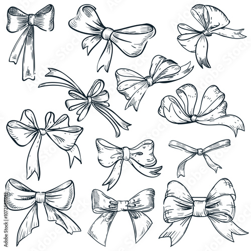 Bow ribbons collection isolated on white background. Hand drawn sketch vector illustration. Holiday gift design elements