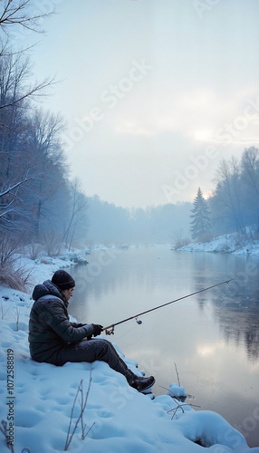 Dedicated fisherman sitting on snowy bank casting line into calm river at dawn
