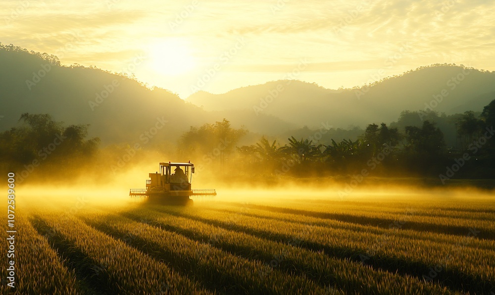 A combine harvester working in a field at sunrise, with a misty background of mountains and trees. A combine harvester working in a field at sunrise, with a misty background of mountains and trees.