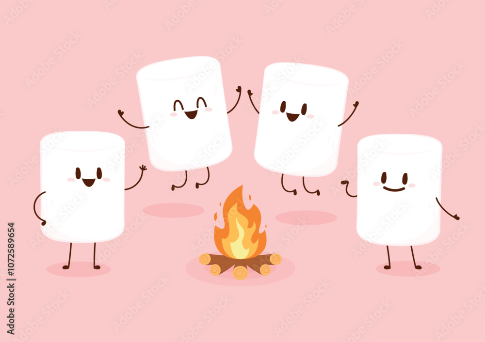 Marshmallow character. Marshmallow piece on skewer roasting on forest bonfire. bonfire vector. Marshmallow cartoon vector. Marshmallow character. Marshmallow piece on skewer roasting on forest bonfire. bonfire vector. Marshmallow cartoon vector.