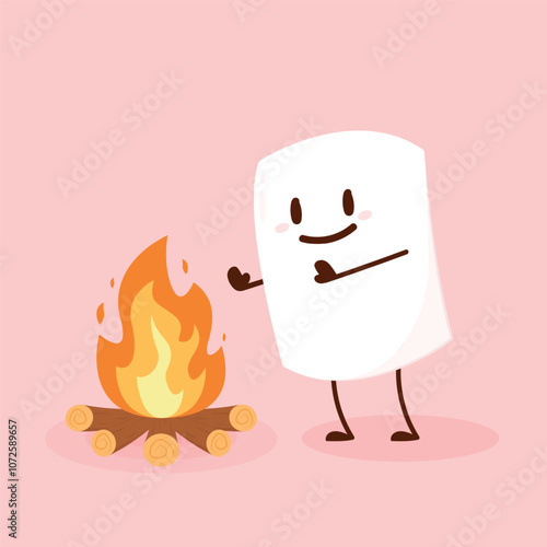 Marshmallow character. Marshmallow piece on skewer roasting on forest bonfire. bonfire vector. Marshmallow cartoon vector. 