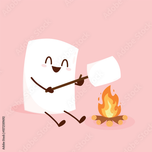 Marshmallow character. Marshmallow piece on skewer roasting on forest bonfire. bonfire vector. Marshmallow cartoon vector. 
