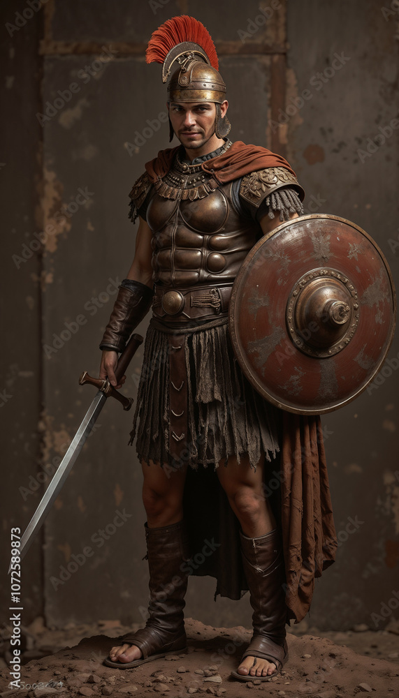 Roman gladiator in fighting pose, historical warrior, ancient rome representation Roman gladiator in fighting pose, historical warrior, ancient rome representation