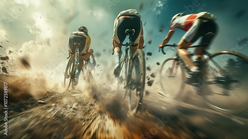 Cyclists race intensely through a dusty, gravel path in an off-road cycling event, capturing the essence of speed, competition, and adrenaline.