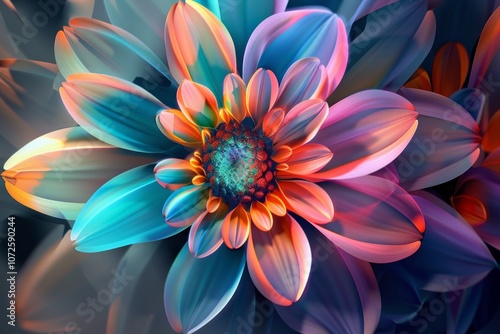 Dahlia flower macro colorful petals. Mystical flower with fairy design. Neural network ai generated art