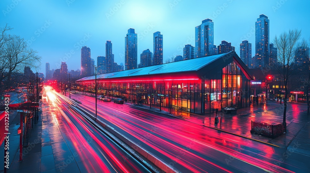 Fototapeta premium Dynamic Cityscape at Night with Long Exposure Light Trails from Cars and Trains