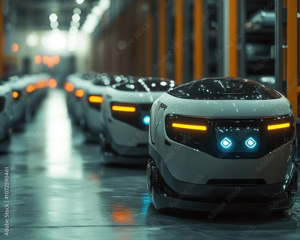 A shot of autonomous delivery robots navigating a warehouse floor, Robotics, Futuristic and efficient A shot of autonomous delivery robots navigating a warehouse floor, Robotics, Futuristic and efficient