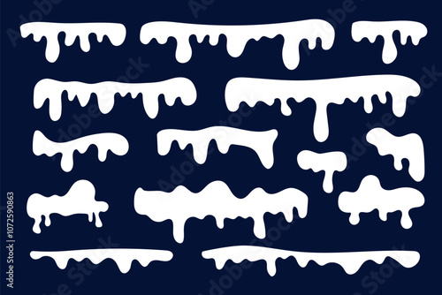 Collection of winter snow caps, snowdrifts and icicles in simple flat style. Hand drawn snow shape on dark background