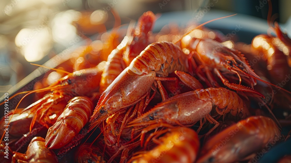 Close-up of freshly boiled crawfish in warm lighting Close-up of freshly boiled crawfish in warm lighting