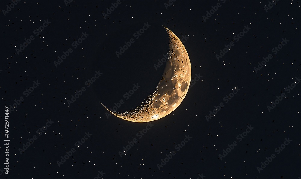 A crescent moon with a bright glow shines in a dark night sky filled with sparkling stars. A crescent moon with a bright glow shines in a dark night sky filled with sparkling stars.