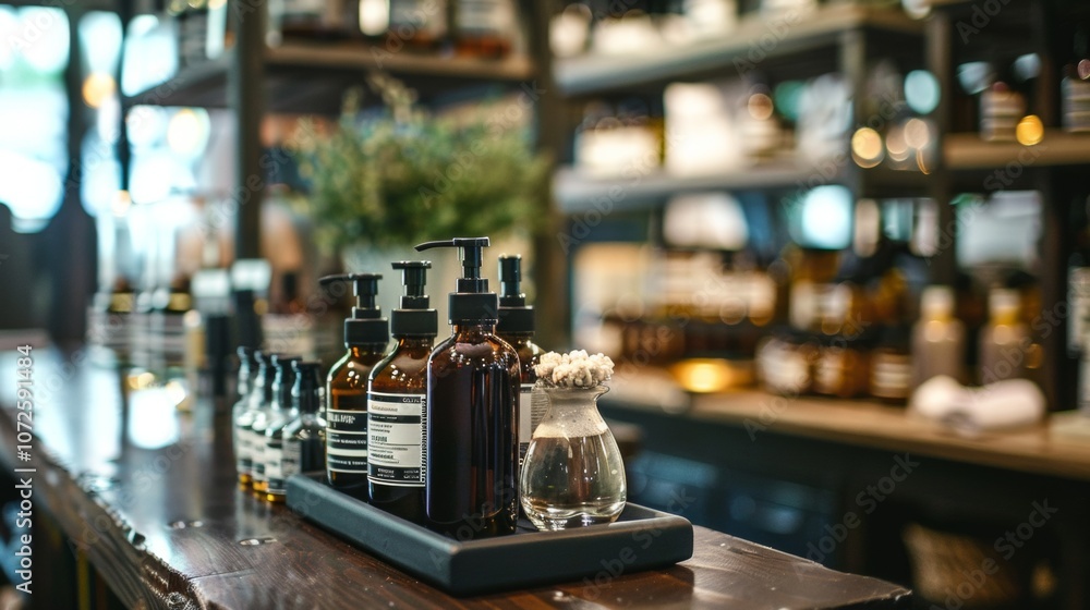 Assortment of skincare bottles in a modern apothecary setting Assortment of skincare bottles in a modern apothecary setting