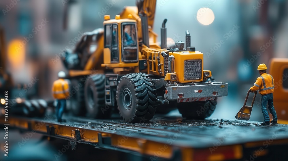 A shot of workers loading heavy machinery onto a flatbed truck, Heavy Cargo, Skilled and precise A shot of workers loading heavy machinery onto a flatbed truck, Heavy Cargo, Skilled and precise