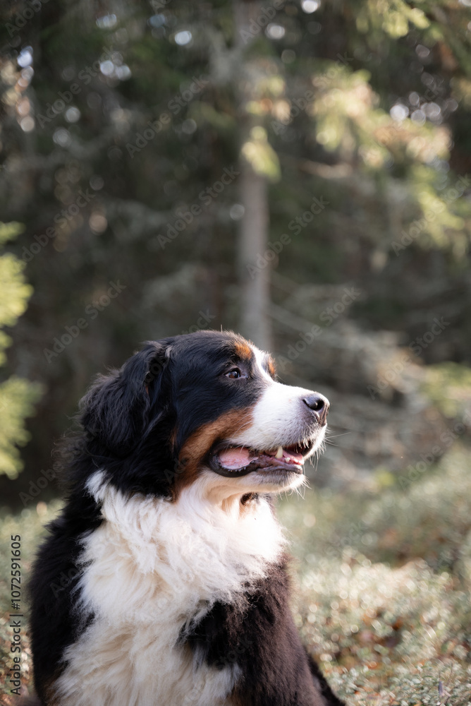 A Bernese Mountain Dog sits in a quiet forest, gazing at the surroundings with a calm expression. This image highlights the bond between pets and nature A Bernese Mountain Dog sits in a quiet forest, gazing at the surroundings with a calm expression. This image highlights the bond between pets and nature