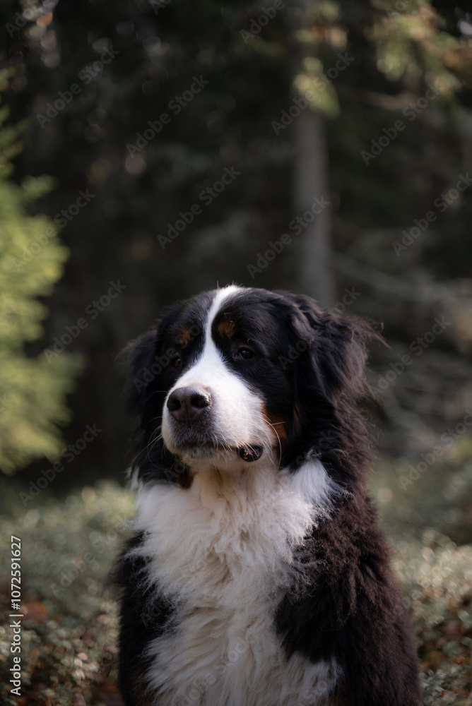 Dog sits in a forest, surrounded by natural greenery and sunlight filtering through the trees. This image captures the essence of a peaceful forest outing with a loyal pet. Dog sits in a forest, surrounded by natural greenery and sunlight filtering through the trees. This image captures the essence of a peaceful forest outing with a loyal pet.