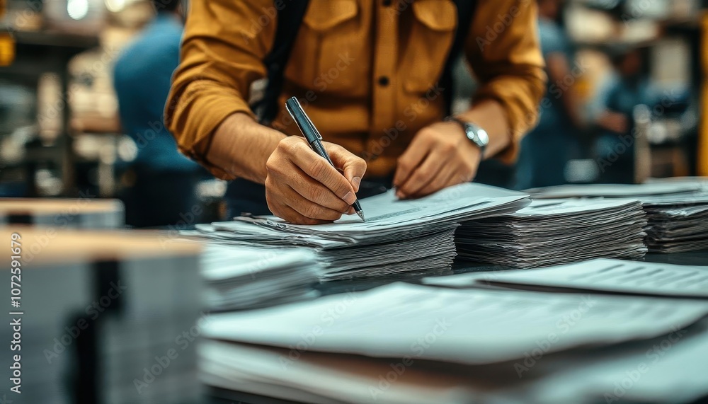 A shot of workers preparing shipment documents at a port, Documentation, Focused and detailed A shot of workers preparing shipment documents at a port, Documentation, Focused and detailed