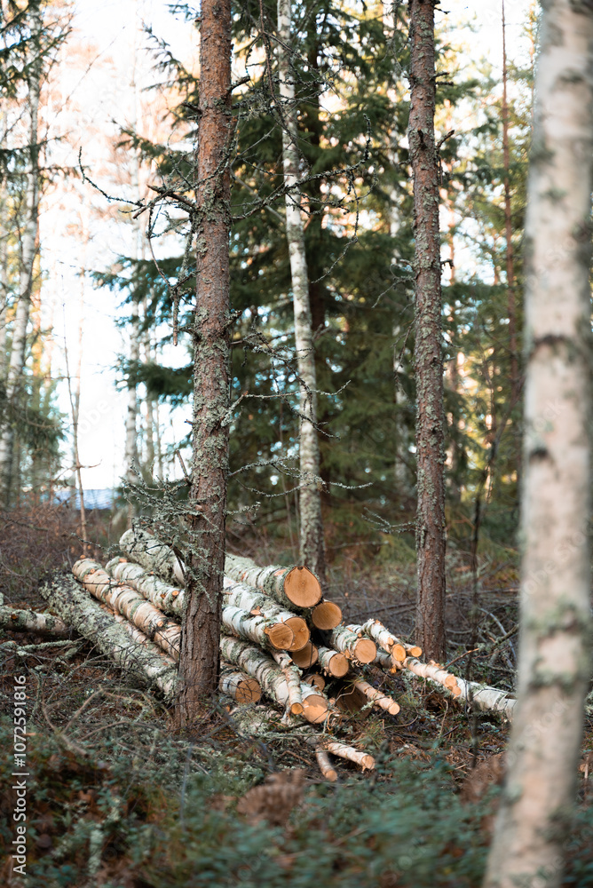 Obraz premium A group of freshly cut birch logs stacked on the forest floor, surrounded by tall trees. This image highlights themes of forestry, natural resources, and sustainable woodland management