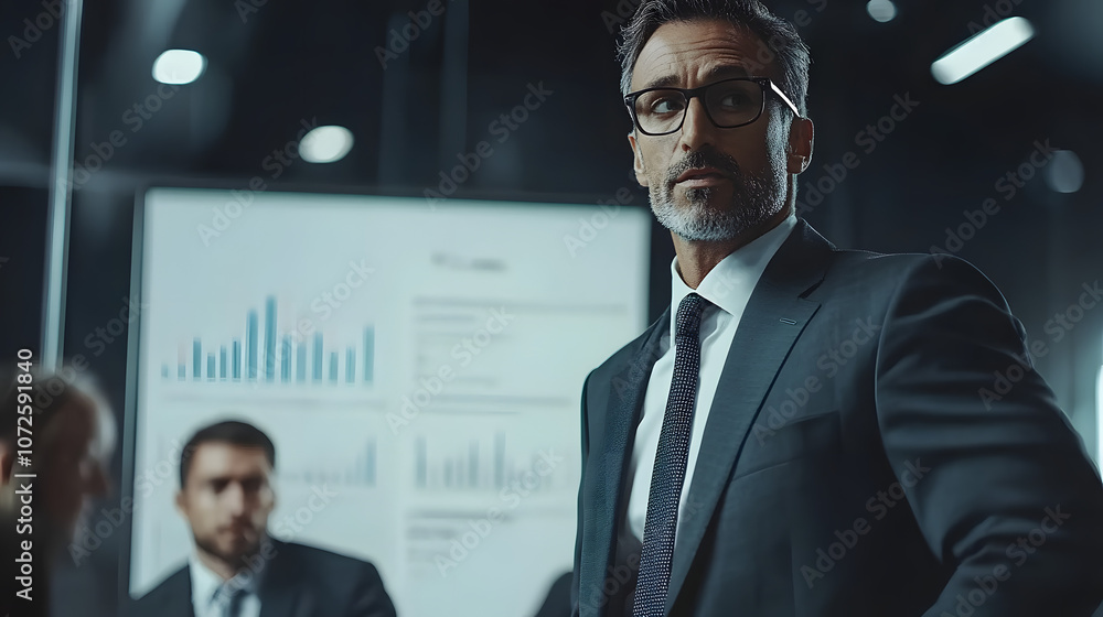 Confident businessman in a meeting, looking at the camera with a serious expression. Confident businessman in a meeting, looking at the camera with a serious expression.