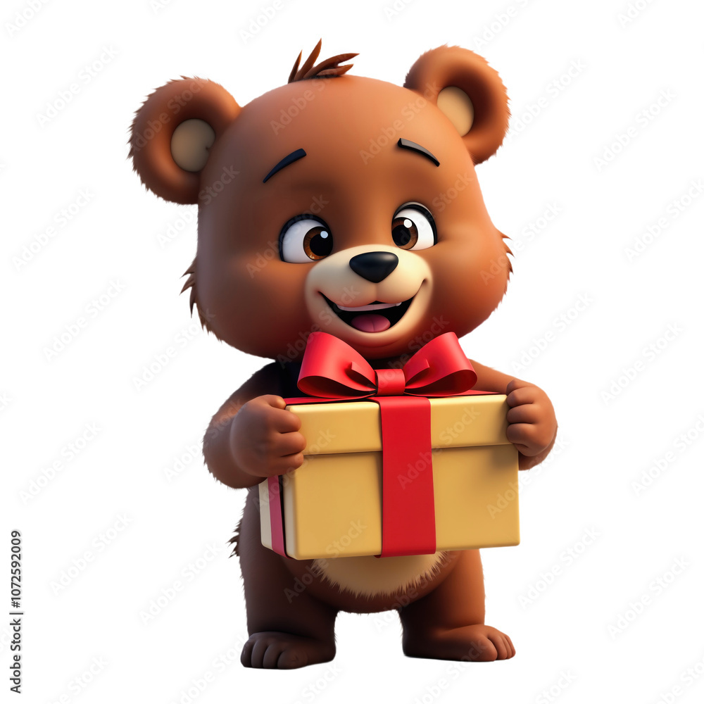 Obraz premium Happy brown bear cub holding gift box tied with red ribbon. Cartoon animal character with happy expression, perfect illustration for birthday, holiday special occasion greeting cards. Perfect for Png.