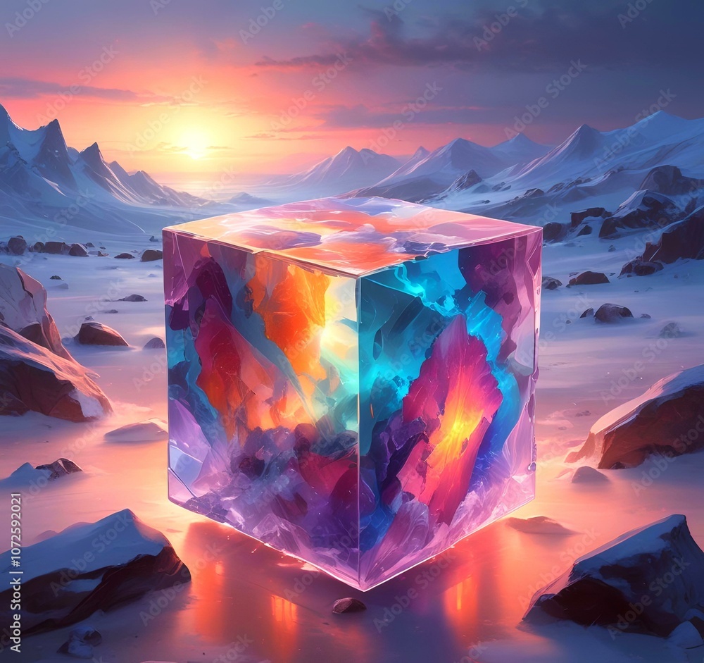 Obraz premium Illustration of colored mineral stone in frozen cube.