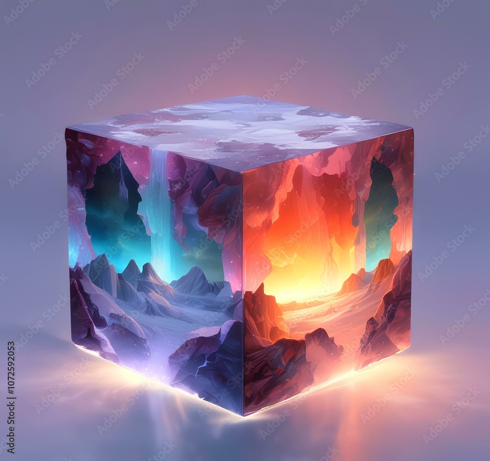 Obraz premium Illustration of colored mineral stone in frozen cube.