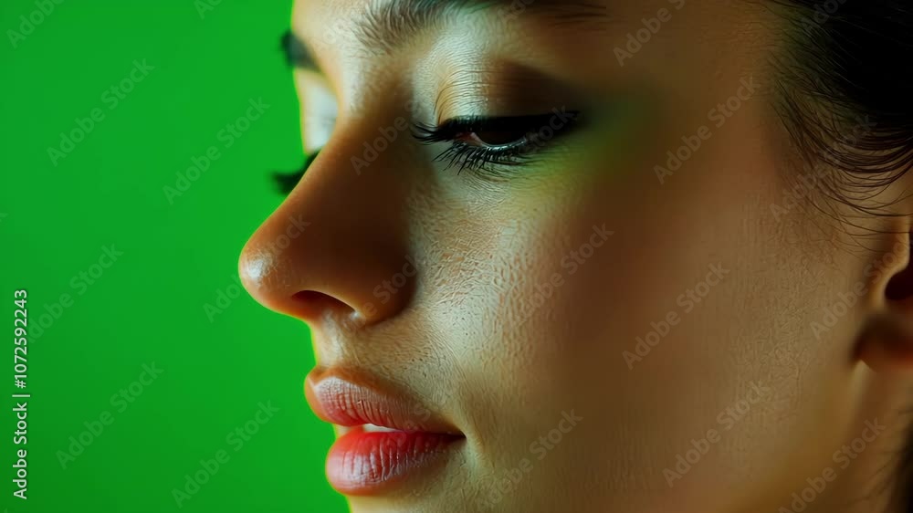 Makeup artist applying cosmetics to a model on a green screen background. The model is posing, showing the makeup application process