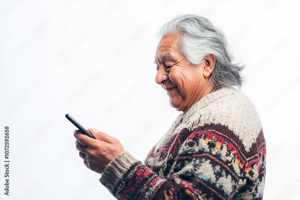 Elderly Hispanic man smiling warmly as she interacts with a smartphone, enjoying technology. Vibrant knitted sweater adds charm against white background. Elderly Hispanic man smiling warmly as she interacts with a smartphone, enjoying technology. Vibrant knitted sweater adds charm against white background.