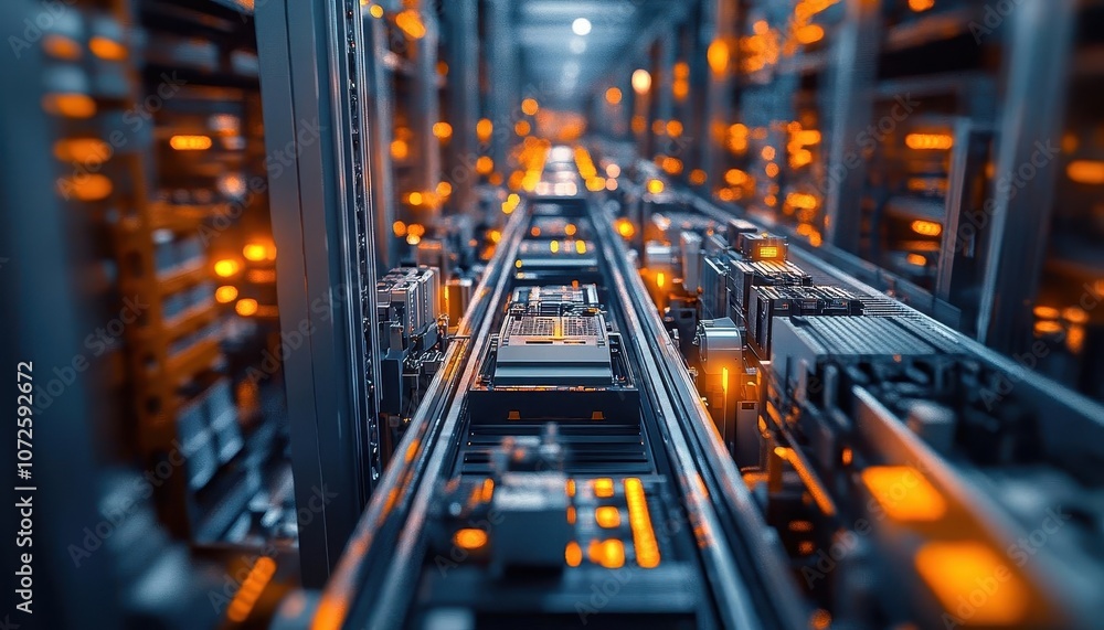 A wideangle view of a logistics warehouse with robotic sorting equipment, Automation, Expansive and efficient A wideangle view of a logistics warehouse with robotic sorting equipment, Automation, Expansive and efficient