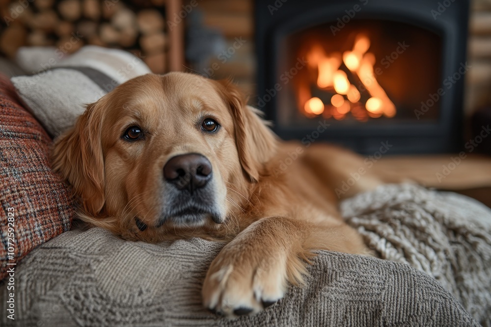 Golden Retriever Lounging on a Couch by a Warm Fireplace Golden Retriever Lounging on a Couch by a Warm Fireplace