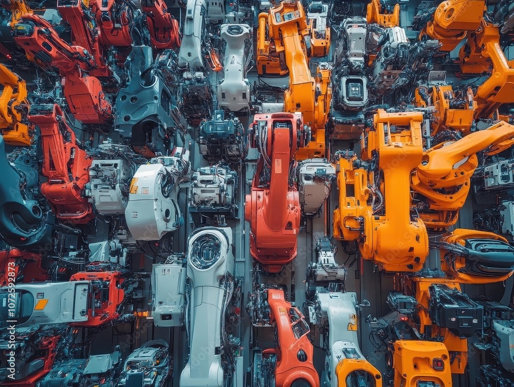 A wideangle view of automated robotic arms sorting items, Automation, Hightech and efficient A wideangle view of automated robotic arms sorting items, Automation, Hightech and efficient