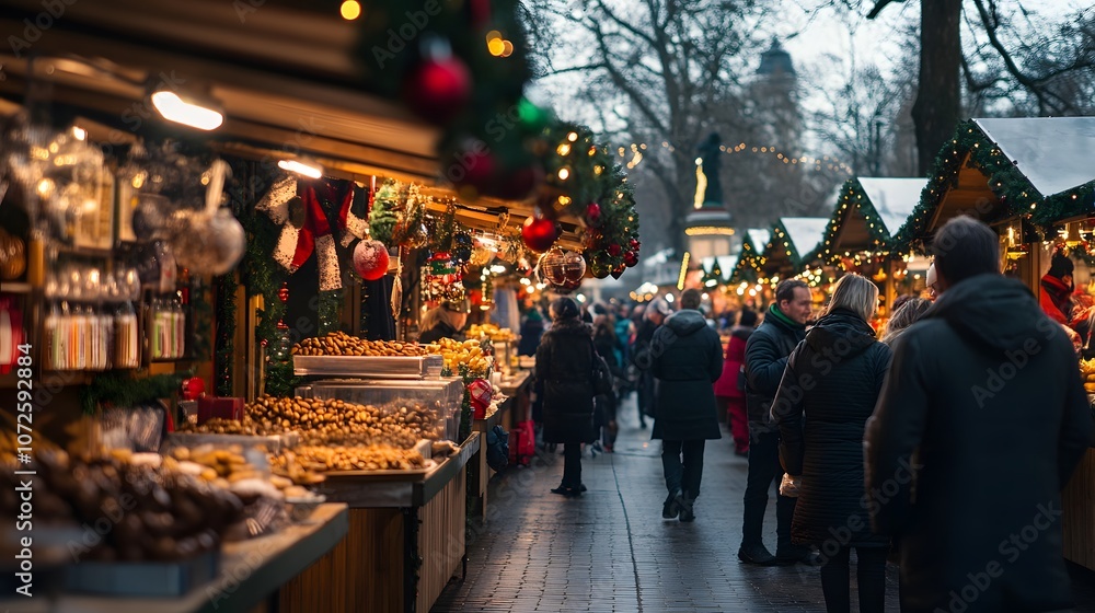 Obraz premium A bustling Christmas market with stalls full of festive