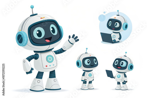 Set of Ai chatbot 3D render. Neural cute mascot in various pose, robot waving hand. Smart robotic character. Isolated vector illustration. Help assistance, artificial intelligence support device.