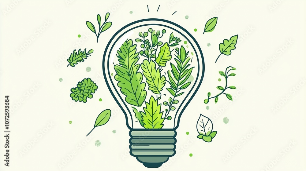 Illustration of green leaves in light bulb shape on white background, symbolizing eco-innovation Illustration of green leaves in light bulb shape on white background, symbolizing eco-innovation