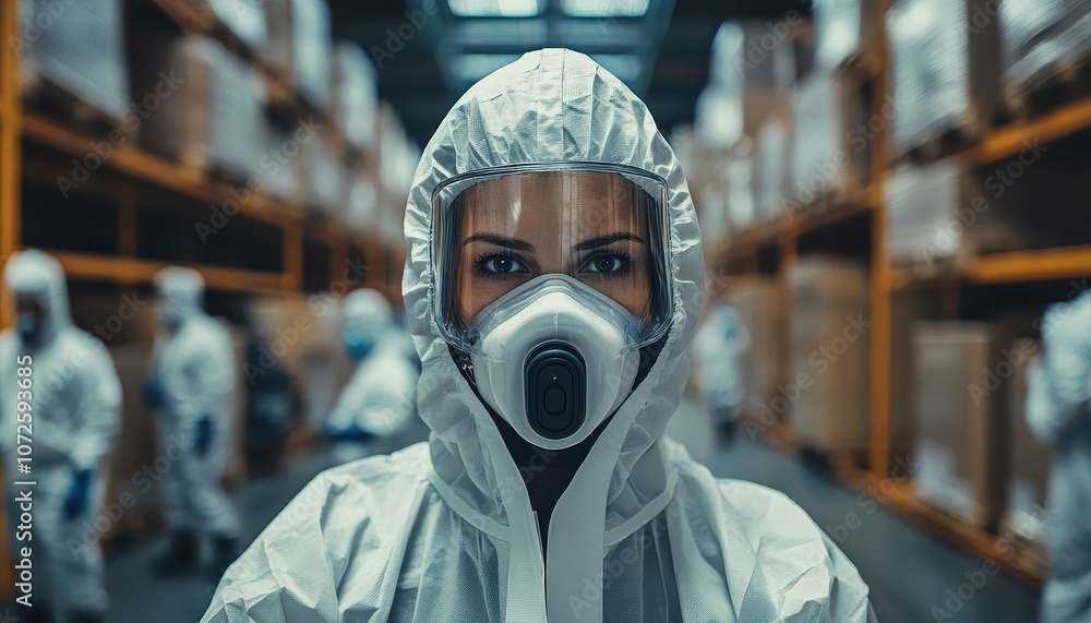 A wideangle view of workers wearing PPE while moving goods in a warehouse, Safety, Protected and active A wideangle view of workers wearing PPE while moving goods in a warehouse, Safety, Protected and active