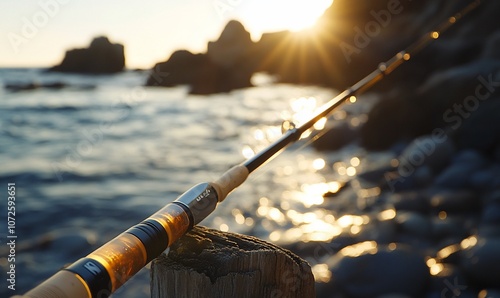 A fishing rod rests on a wooden post on a rocky beach at sunset. The sun is setting over the ocean and the waves are crashing against the rocks. photo