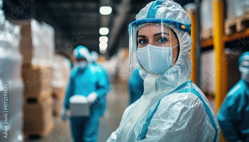 A wideangle view of workers wearing PPE while moving goods in a warehouse, Safety, Protected and active